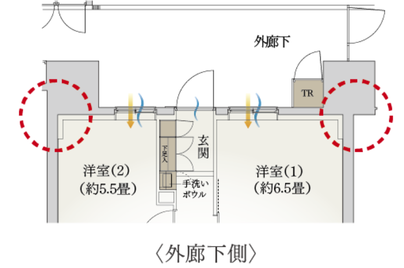 ダブルアウトポール工法イメージ図（外側廊下）
