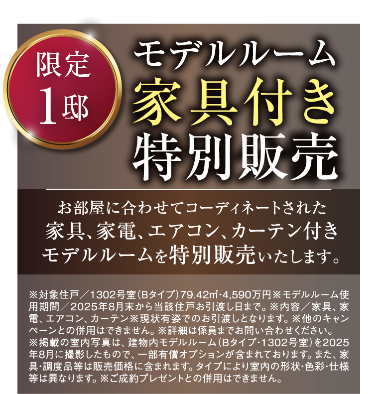 【限定1邸】モデルルーム家具付き特別販売［お部屋に合わせてコーディネートされた家具、家電、エアコン、カーテン付きモデルルームを特別販売いたします。］