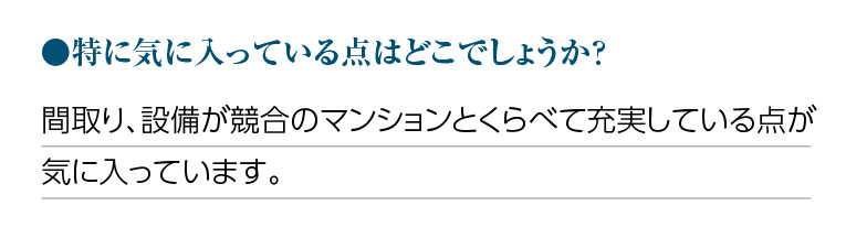 特に気に入っている点はどこでしょうか?間取り、設備が競合のマンションとくらべて充実している点が気に入っています。